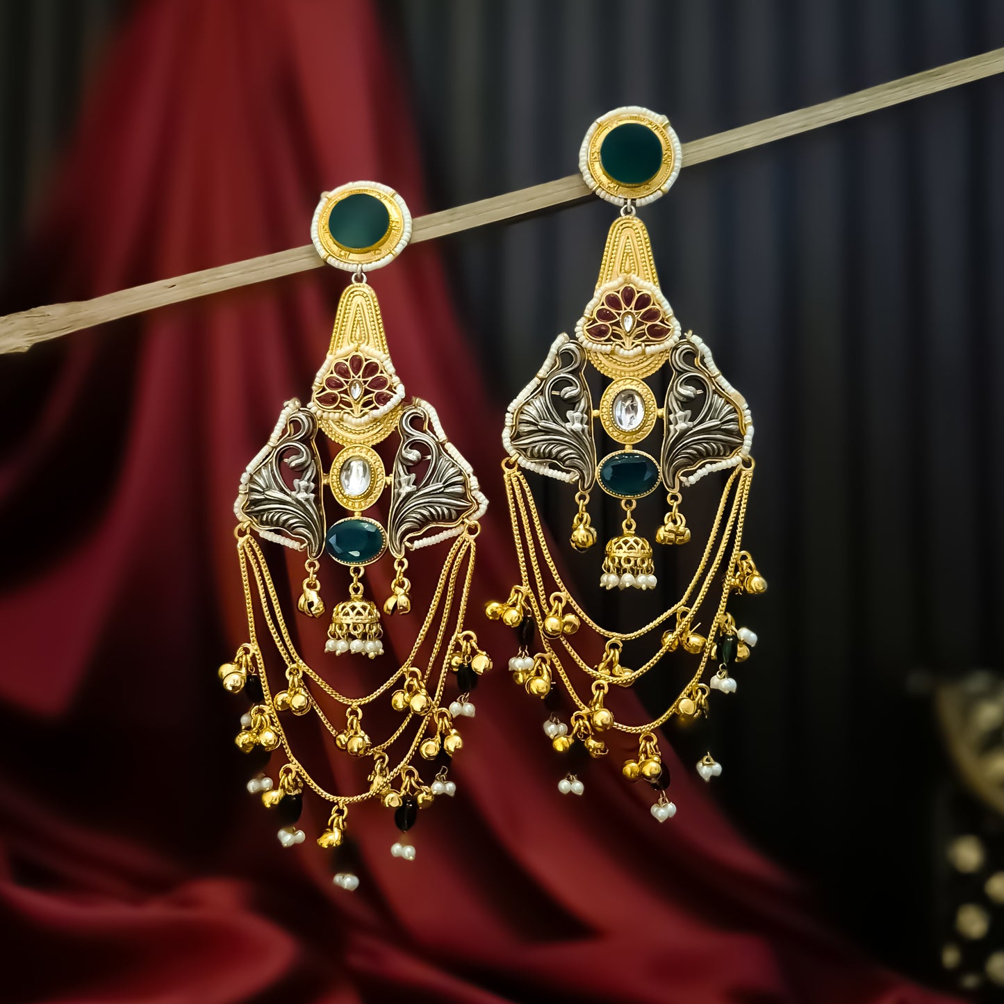 Nitika Kashmiri Brass Ghungroo Chandbali Earrings - Pink & Green