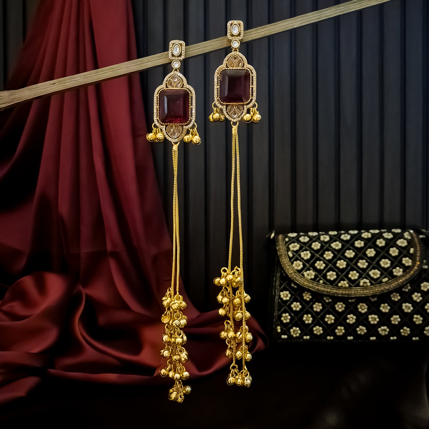 Vrikshika Premium Kashmiri Brass Ghungroo Earrings - Ruby