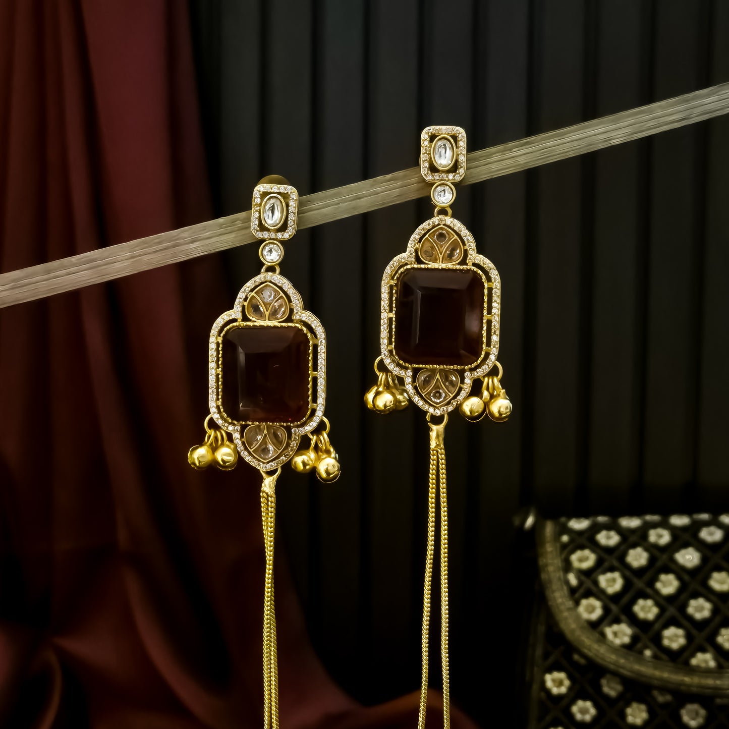 Vrikshika Premium Kashmiri Brass Ghungroo Earrings - Ruby