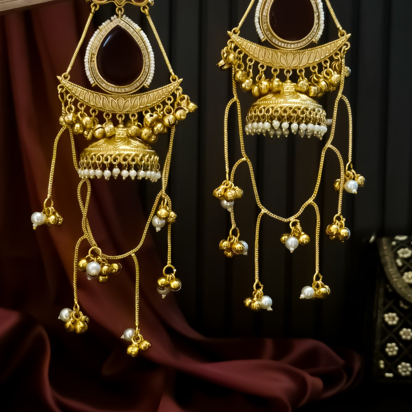 Midha Kashmiri Brass Dejhoor Ghungroo Jhumka Earrings - Maroon