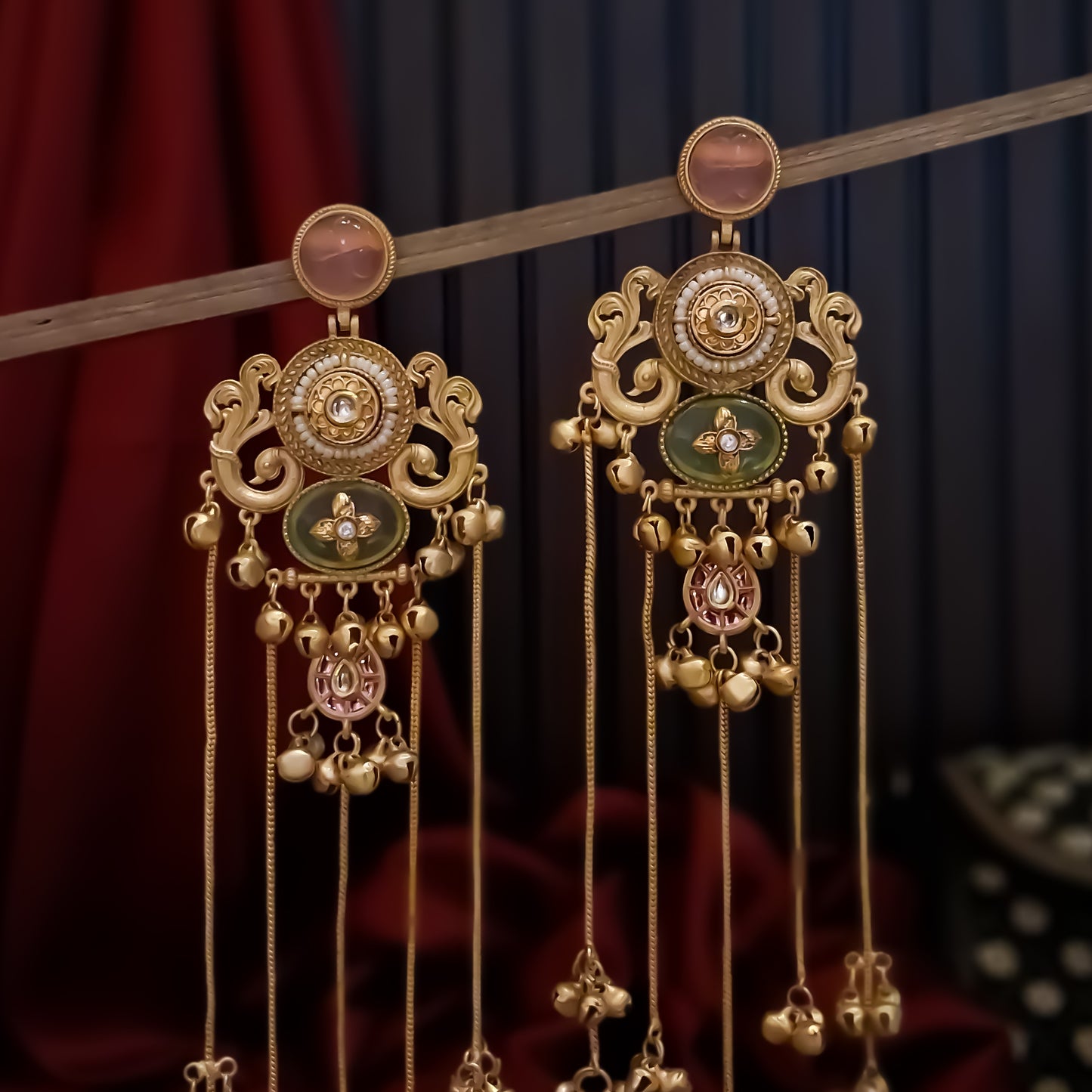 Chaya Premium Kashmiri Matte Polish Ghungroo Earrings - Pastel Pink & Green