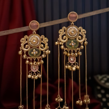 Chaya Premium Kashmiri Matte Polish Ghungroo Earrings - Pastel Pink & Green