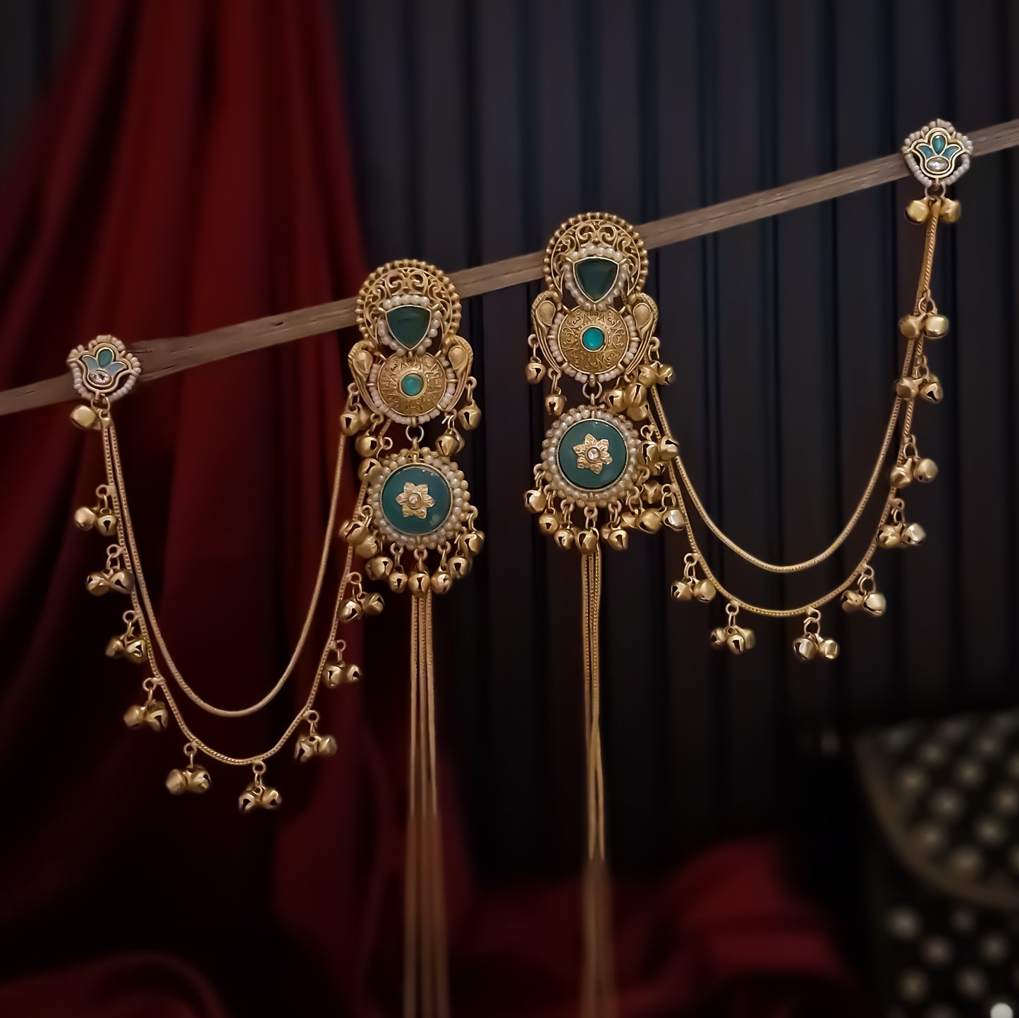 Yukti Premium Kashmiri Matte Polish Ghungroo Deatachable Sahara/Earchain Earrings - Turquoise