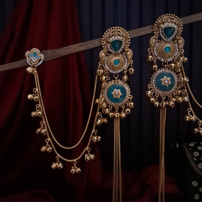 Yukti Premium Kashmiri Matte Polish Ghungroo Deatachable Sahara/Earchain Earrings - Turquoise