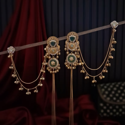 Yukti premium matte gold kashmiri earrings featuring ruby meenakari teardrop studs dual circular medallions white pearl frames long vertical ghungroo tassel chains and a detachable double strand bell sahara hair chain