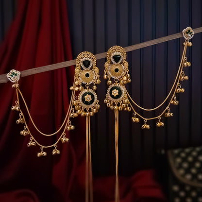 Yukti Premium Kashmiri Matte Polish Ghungroo Deatachable Sahara/Earchain Earrings - Green