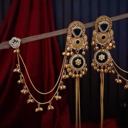 Yukti Premium Kashmiri Matte Polish Ghungroo Deatachable Sahara/Earchain Earrings - Green