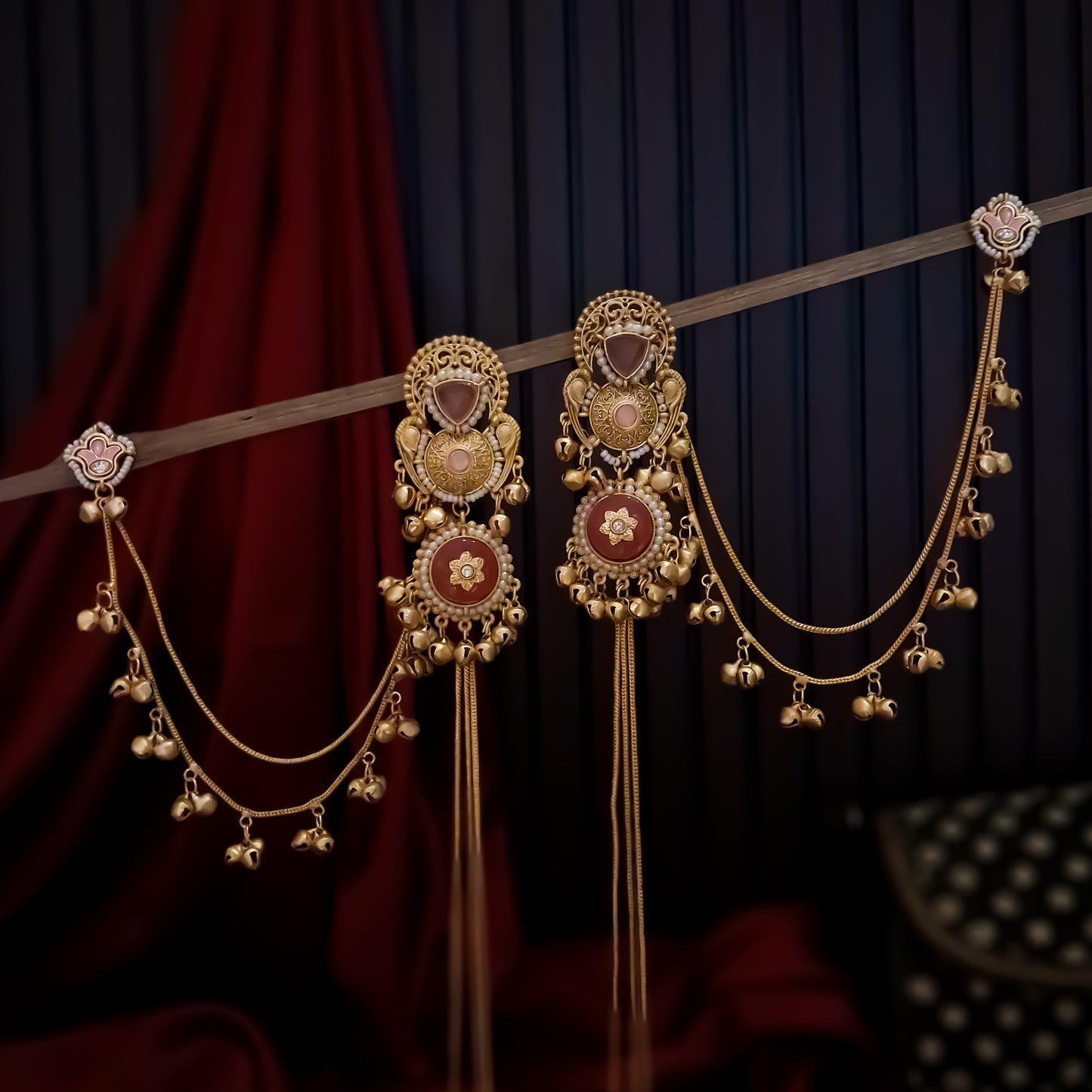 Yukti Premium Kashmiri Matte Polish Ghungroo Deatachable Sahara/Earchain Earrings - Pastel Pink