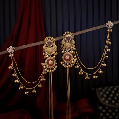 Yukti Premium Kashmiri Matte Polish Ghungroo Deatachable Sahara/Earchain Earrings - Pastel Pink