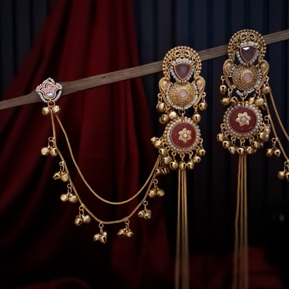 Yukti Premium Kashmiri Matte Polish Ghungroo Deatachable Sahara/Earchain Earrings - Pastel Pink