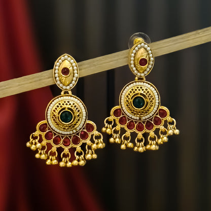 Sharda Fusion Rajwadi Kashmiri Brass Ghungroo Chandbali Earrings - Pink & Green