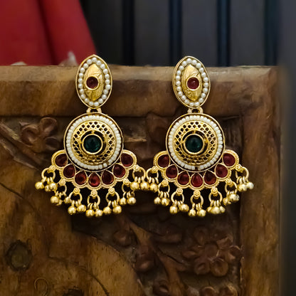 Sharda Fusion Rajwadi Kashmiri Brass Ghungroo Chandbali Earrings - Pink & Green