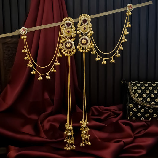 Yukti Premium Kashmiri Matte Polish Ghungroo Deatachable Sahara/Earchain Earrings - Ruby