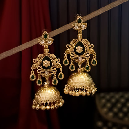 Kaira Premium Kashmiri Matte Polish Ghungroo Jhumka Earrings - Green