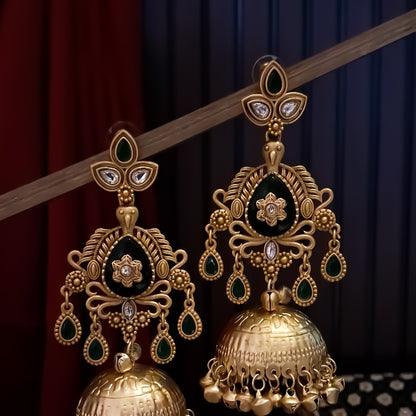 Kaira Premium Kashmiri Matte Polish Ghungroo Jhumka Earrings - Green