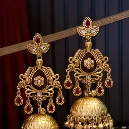Kaira Premium Kashmiri Matte Polish Ghungroo Jhumka Earrings - Ruby
