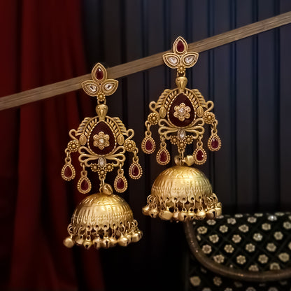 Kaira Premium Kashmiri Matte Polish Ghungroo Jhumka Earrings - Ruby