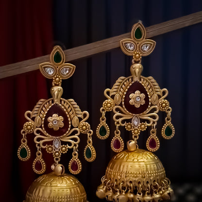 Kaira Premium Kashmiri Matte Polish Ghungroo Jhumka Earrings - Ruby & Green