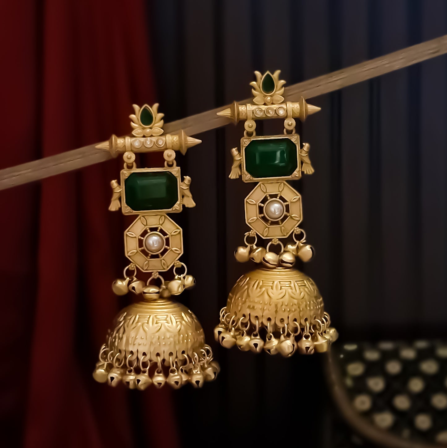 Jhanjar Premium Kashmiri Matte Polish Ghungroo Jhumka Earrings - Green
