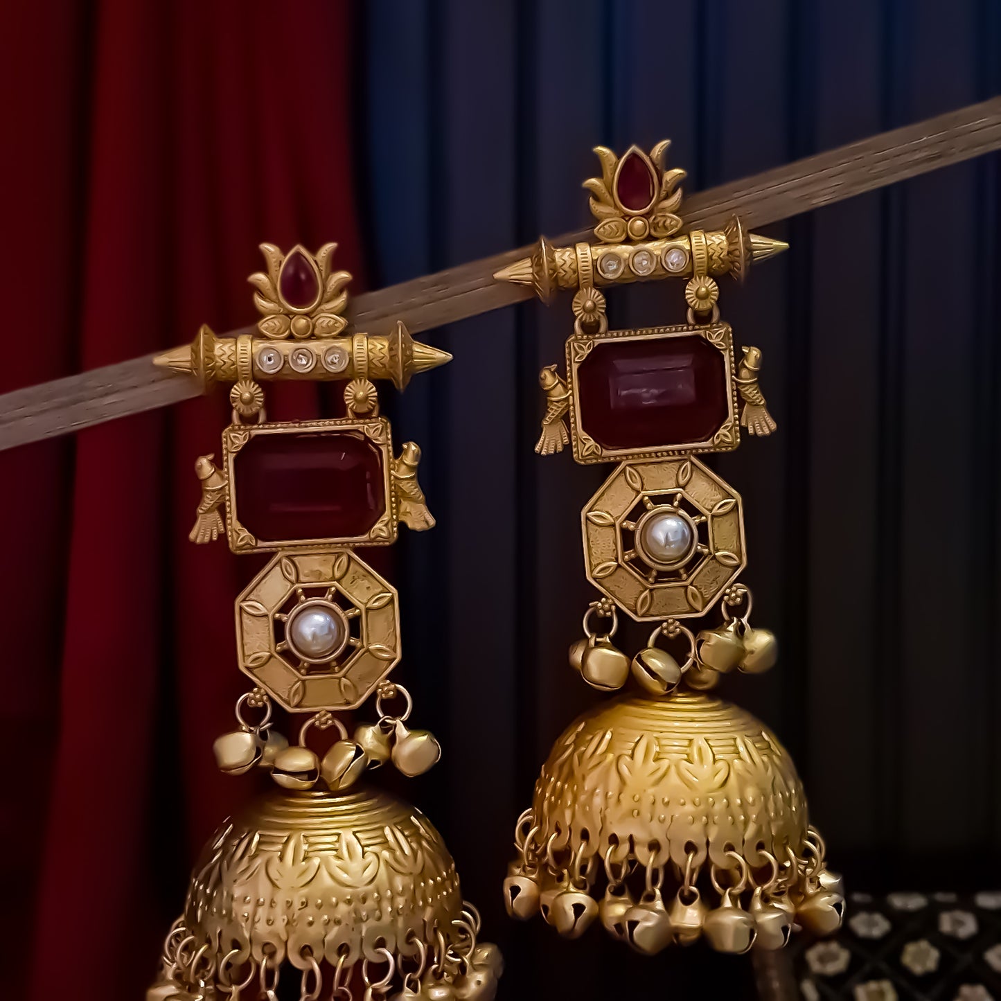 Jhanjar Premium Kashmiri Matte Polish Ghungroo Jhumka Earrings - Ruby