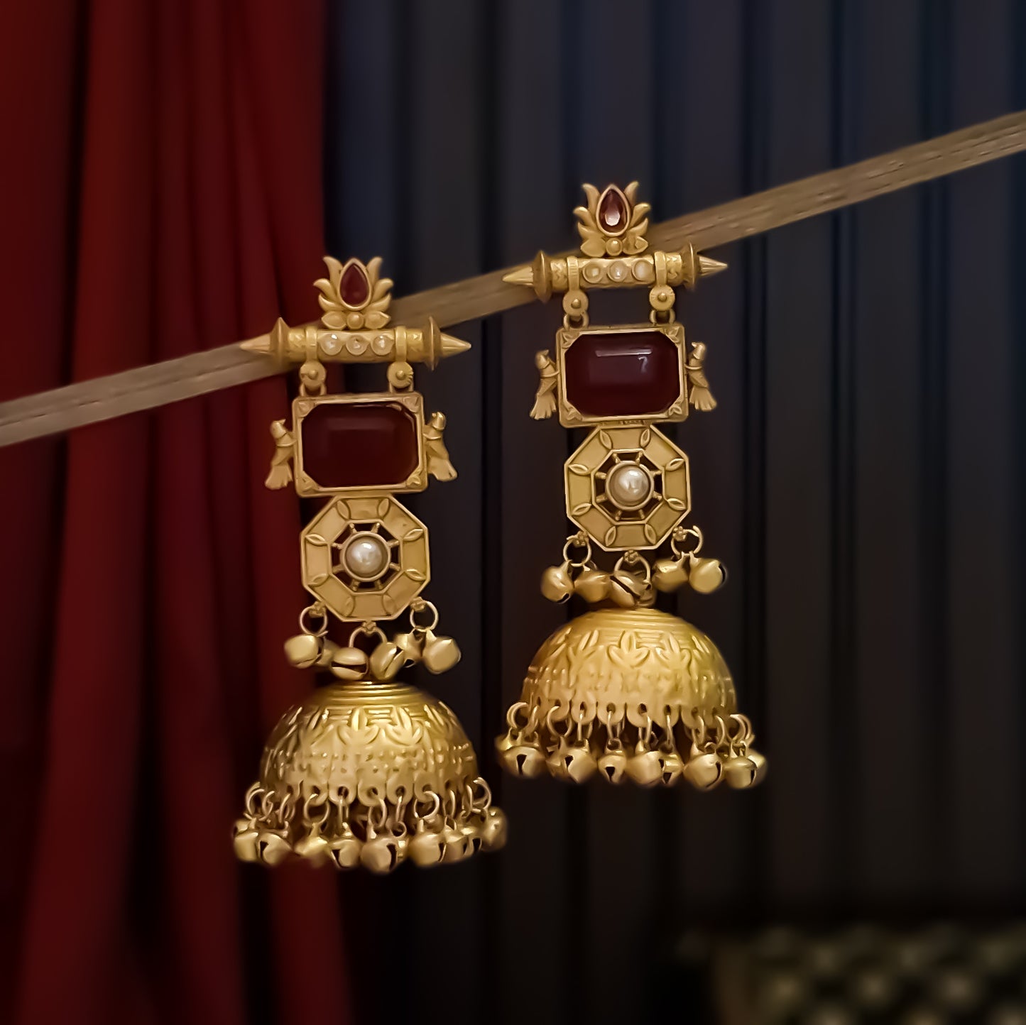 Jhanjar Premium Kashmiri Matte Polish Ghungroo Jhumka Earrings - Ruby