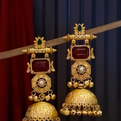 Jhanjar Premium Kashmiri Matte Polish Ghungroo Jhumka Earrings - Ruby & Green