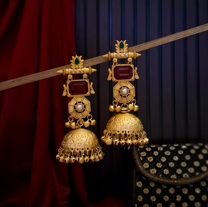 Jhanjar Premium Kashmiri Matte Polish Ghungroo Jhumka Earrings - Ruby & Green