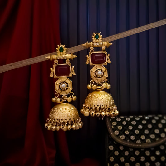 Jhanjar Premium Kashmiri Matte Polish Ghungroo Jhumka Earrings - Ruby & Green