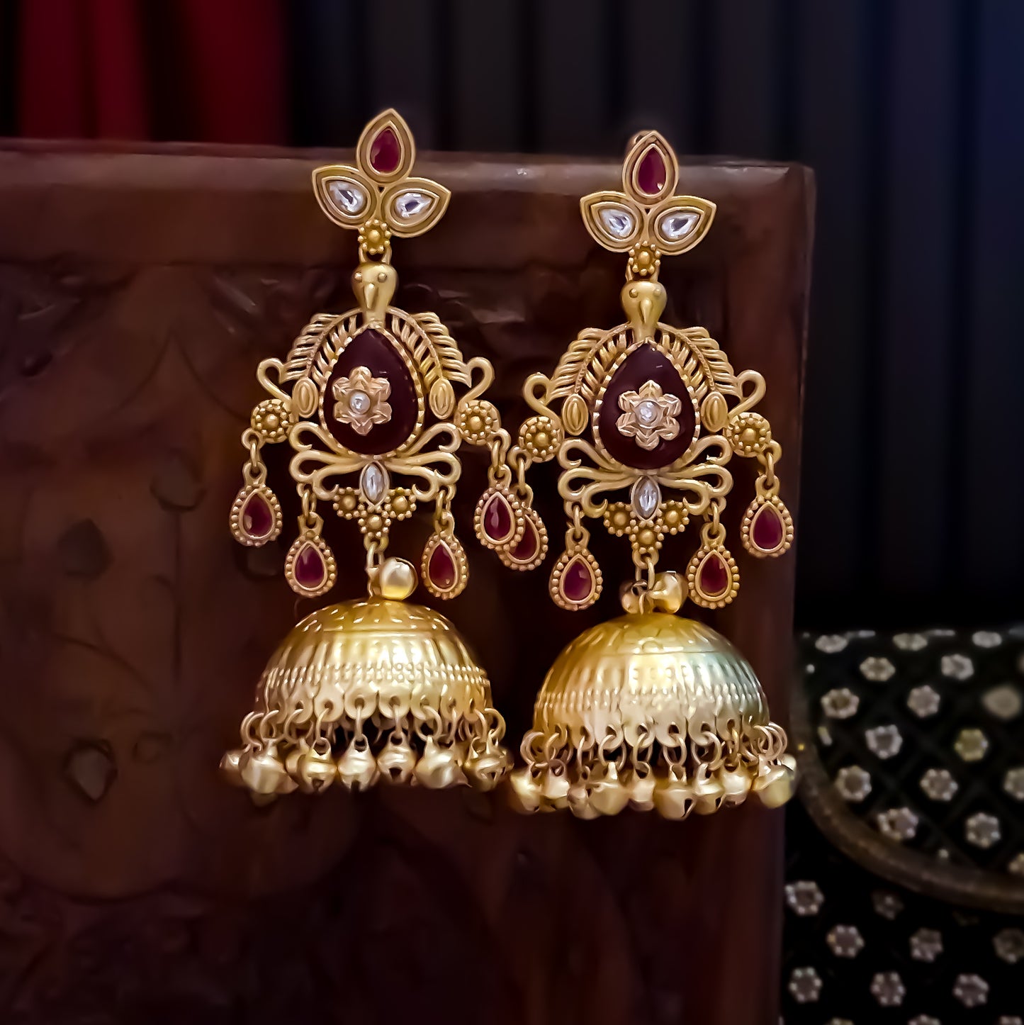 Kaira Premium Kashmiri Matte Polish Ghungroo Jhumka Earrings - Ruby