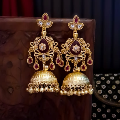 Kaira Premium Kashmiri Matte Polish Ghungroo Jhumka Earrings - Ruby
