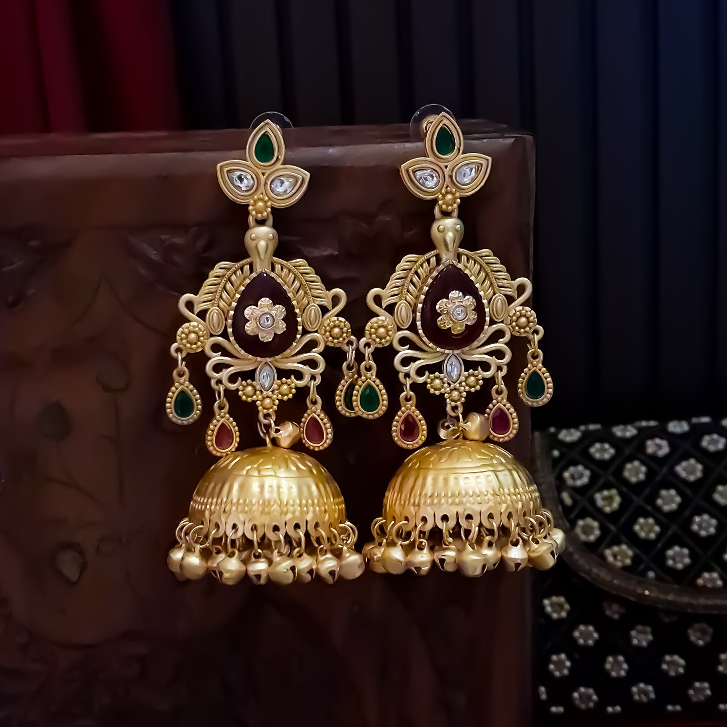 Kaira Premium Kashmiri Matte Polish Ghungroo Jhumka Earrings - Ruby & Green