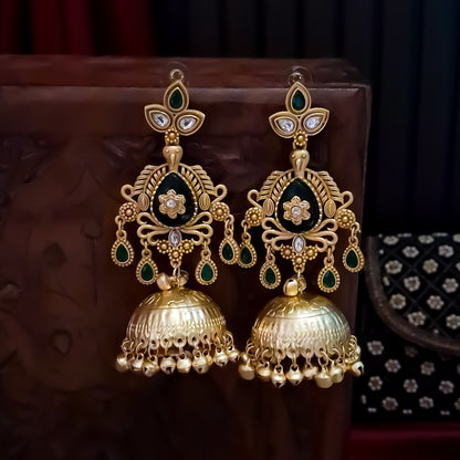 Kaira Premium Kashmiri Matte Polish Ghungroo Jhumka Earrings - Green