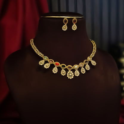 Ritika Navratan Temple AD Necklace Set - Multi