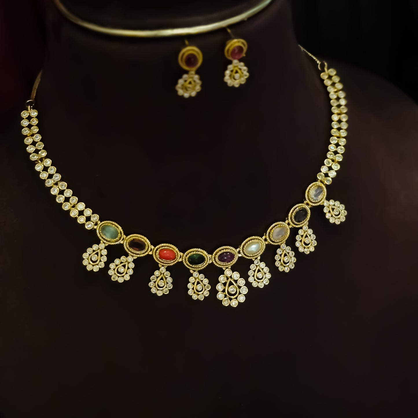 Ritika Navratan Temple AD Necklace Set - Multi