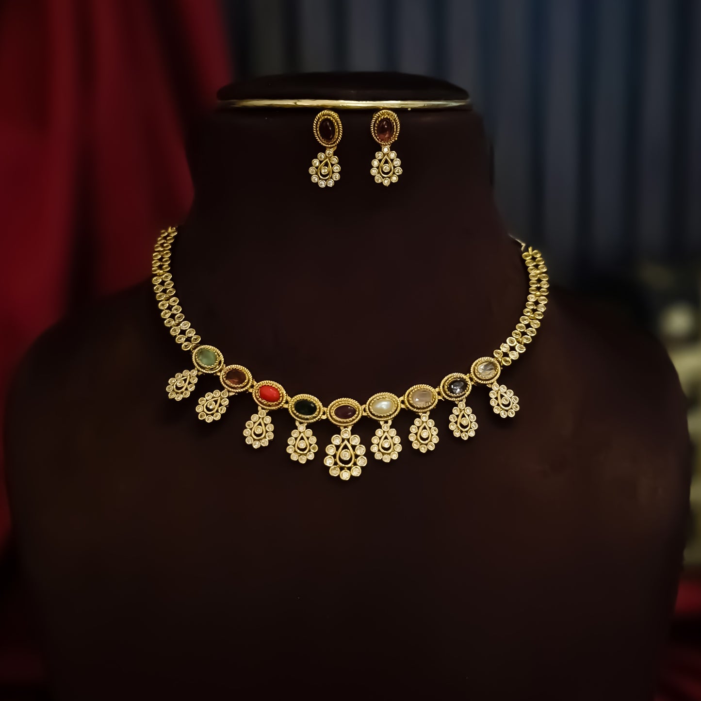 Ritika Navratan Temple AD Necklace Set - Multi