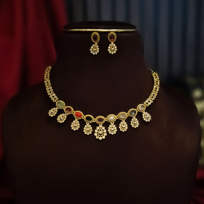 Ritika Navratan Temple AD Necklace Set - Multi