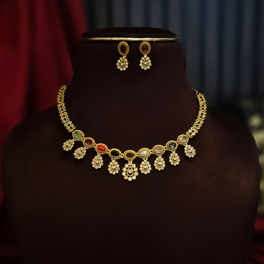Ritika Navratan Temple AD Necklace Set - Multi