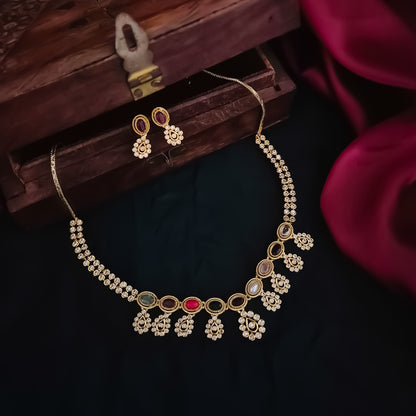 Ritika Navratan Temple AD Necklace Set - Multi