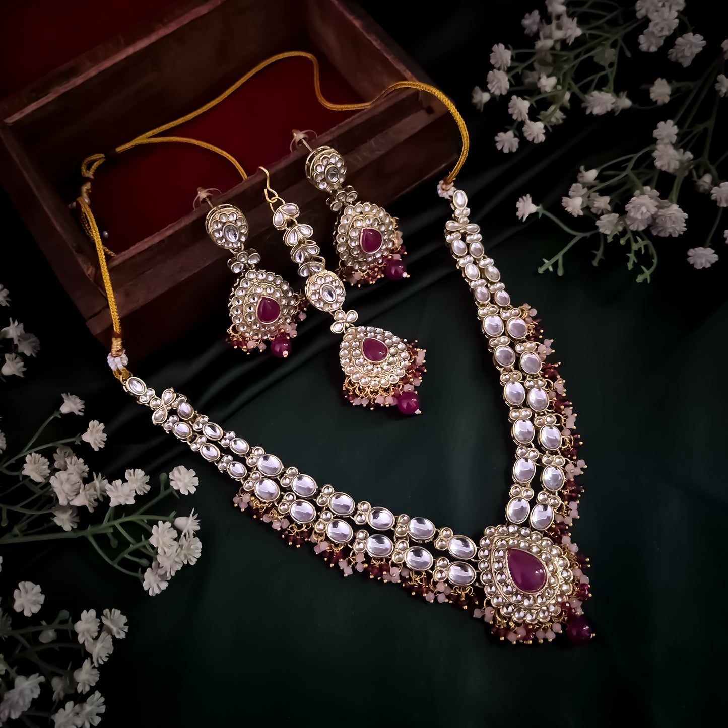 Bela Royal Kundan Necklace Set - Pink
