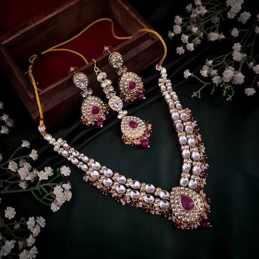 Bela Royal Kundan Necklace Set - Magenta Pink