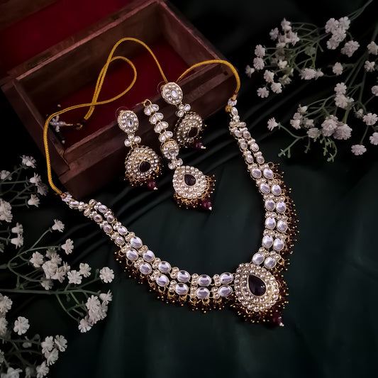 Bela Royal Kundan Necklace Set - Maroon