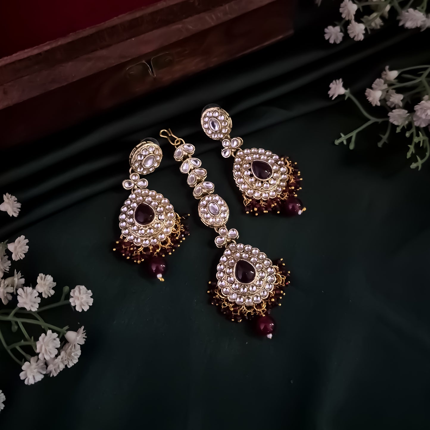 Bela Royal Kundan Necklace Set - Maroon