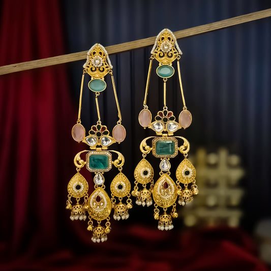 Jhankaar Premium Doublet Stone Kashmiri Brass Ghungroo Jhumka Earrings - Pastel Pink & Green