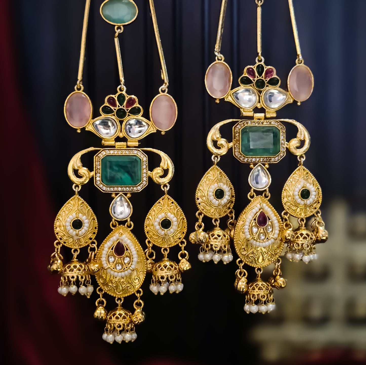 Jhankaar Premium Doublet Stone Kashmiri Brass Ghungroo Jhumka Earrings - Pastel Pink & Green