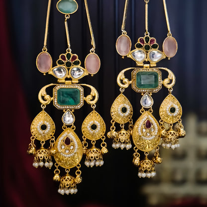 Jhankaar Premium Doublet Stone Kashmiri Brass Ghungroo Jhumka Earrings - Pastel Pink & Green
