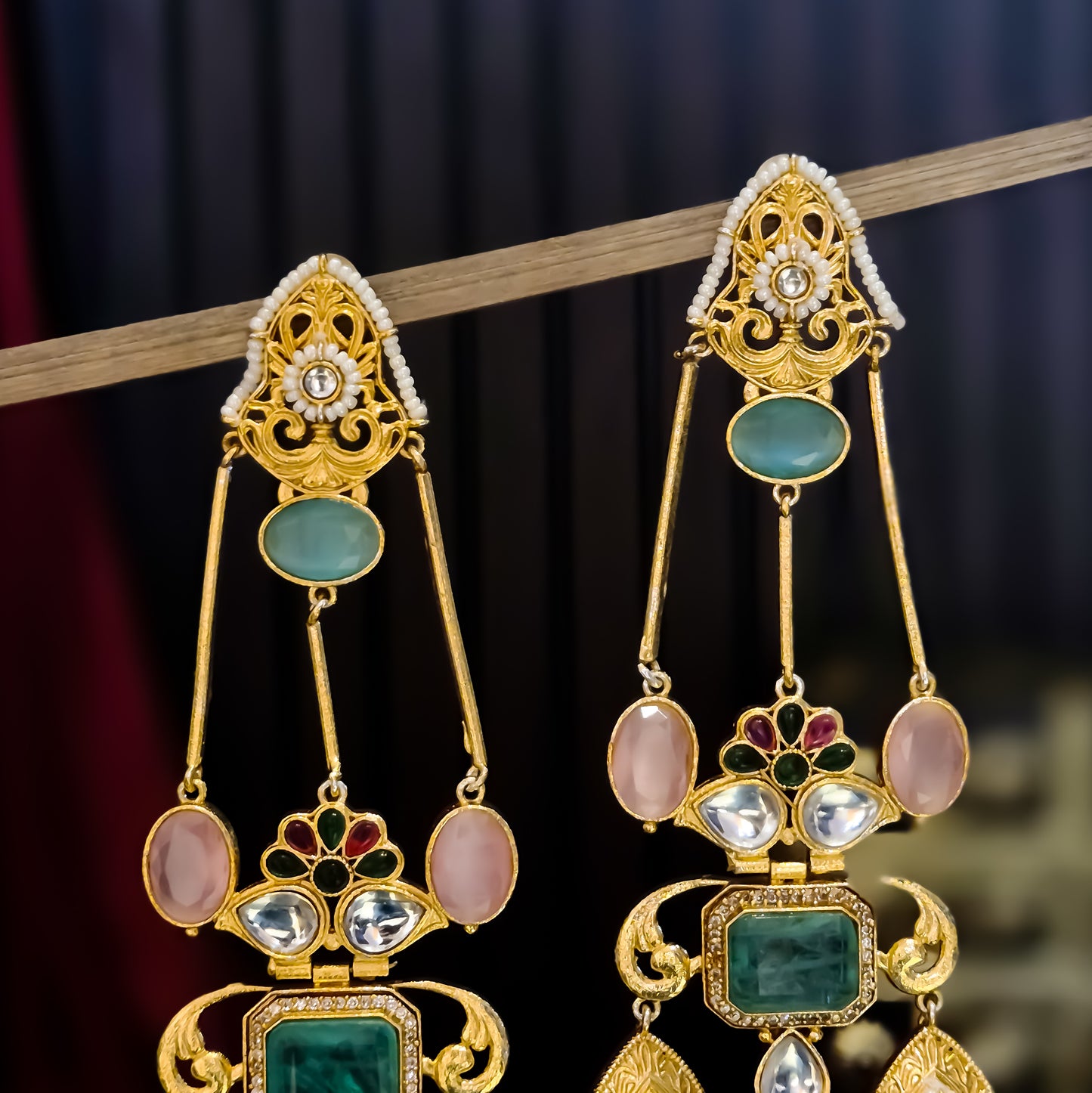 Jhankaar Premium Doublet Stone Kashmiri Brass Ghungroo Jhumka Earrings - Pastel Pink & Green