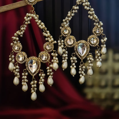 Farhana Bhat inspired oversized antique gold jadau kundan chandbali earrings with heavy cascading white pearl drops