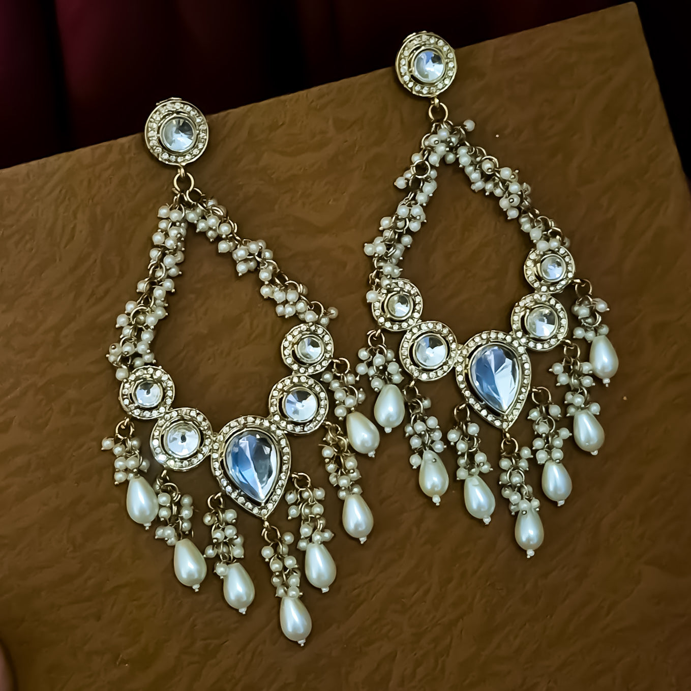 Farhana Bhat inspired oversized antique gold jadau kundan chandbali earrings with heavy cascading white pearl drops