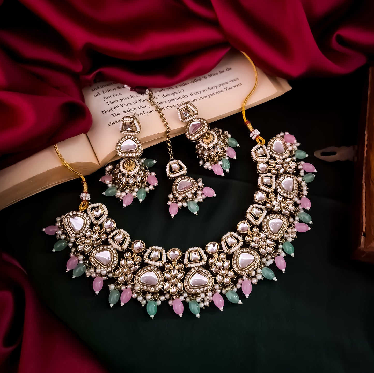 Ramsha Royal Kundan Necklace Set - Pastel Pink & Green