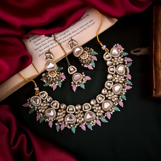 Ramsha Royal Kundan Necklace Set - Pastel Pink & Green